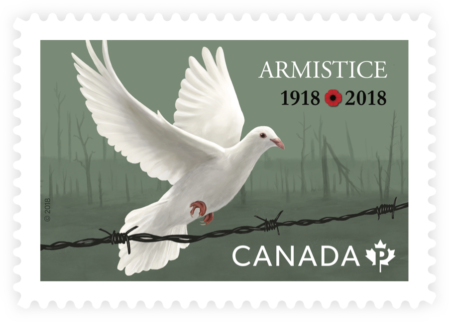 Canada Post stamp depicting white dove and barbed wire with text “Armistice 1918/2018”. Stamp commemorates WWI Armistice.