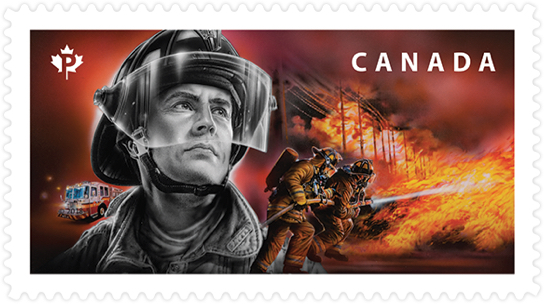 Canada Post stamp honouring firefighters. Stamp depicts firemen battling blaze in the distance.