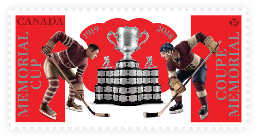 Canada Post stamp honouring 100th presentation of the Memorial Cup. Stamp depicts two hockey players facing off for the cup.