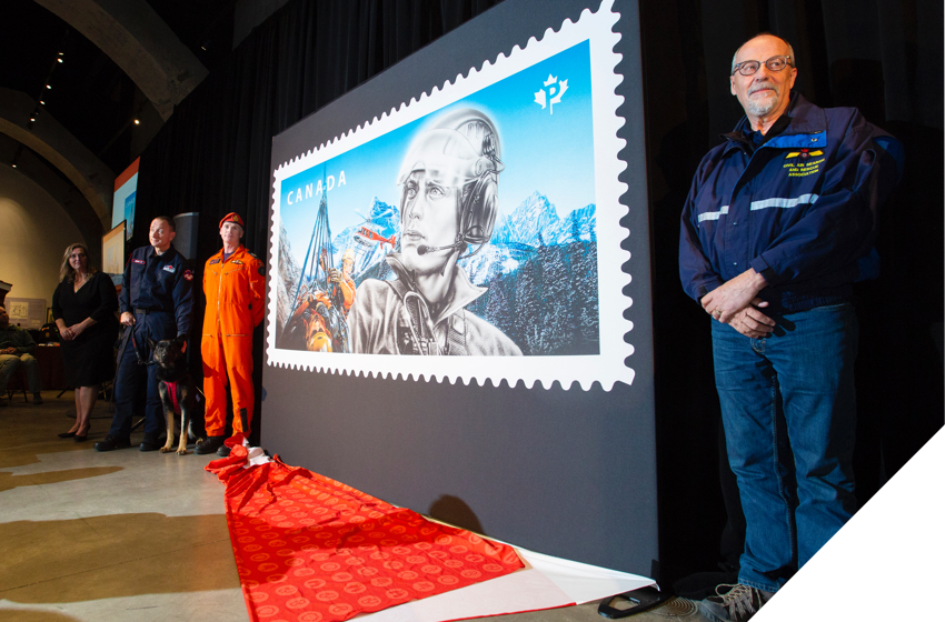 Unveiling ceremony for special edition Canada Post stamp honouring search and rescue experts in Canada.