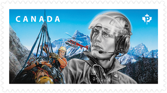Canada Post stamp honouring search and rescue experts. Stamp depicts team performing helicopter extraction in the mountains.