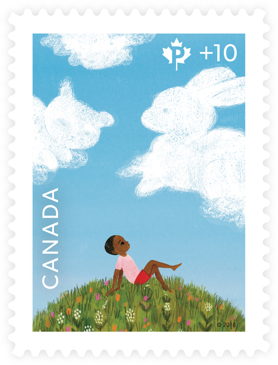 Special edition Canada Post fundraising stamp for Canada Post Community Foundation. The stamp depicts a young boy sitting in the grass looking at animal-shaped clouds.