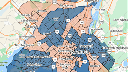 Carte de la r&eacute;gion de Montr&eacute;al montrant en bleu les secteurs de codes postaux couverts, notamment Laval, Longueuil, Pointe-Claire et les municipalit&eacute;s avoisinantes.
