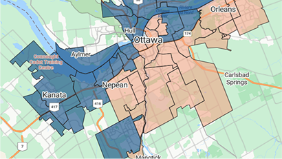 Carte de la r&eacute;gion d&rsquo;Ottawa montrant en bleu les secteurs de codes postaux couverts, notamment Kanata, Nepean, Aylmer et les municipalit&eacute;s avoisinantes.