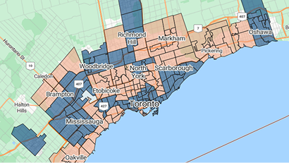 Carte de la r&eacute;gion du Grand Toronto montrant en bleu, vert et violet les secteurs de codes postaux couverts dans Toronto et les municipalit&eacute;s avoisinantes.