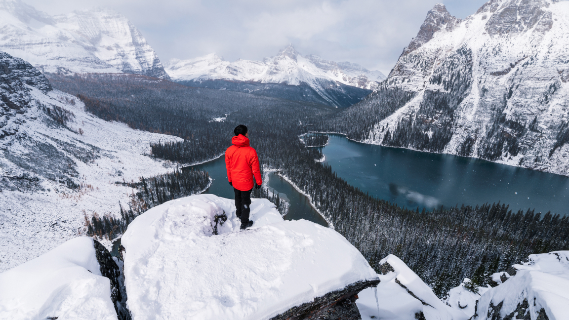 Aerial view of a person in a red coat standing on top of a snowy mountain overlooking a forested valley with a blue lake