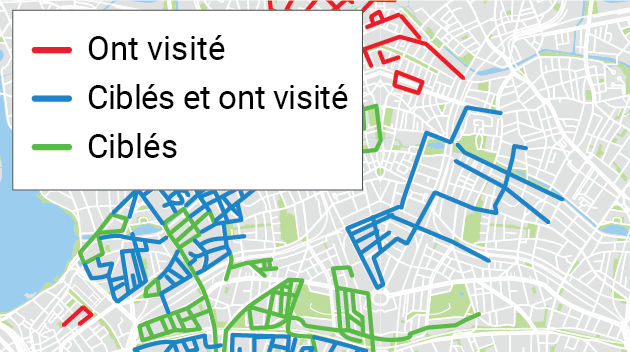 Graphique d’une carte de quartier indiquant des résultats pour « Ont visité », « Ciblés et ont visité » et « Ciblés »