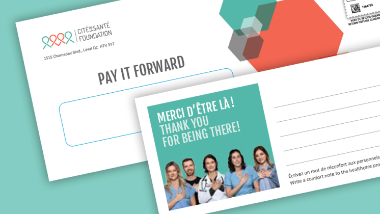 Cit&eacute; de la Sant&eacute; Foundation direct mail envelope and donation card.