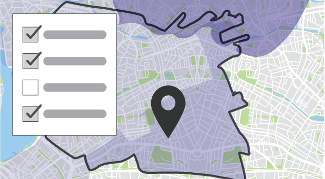 Carte de quartier avec une zone mise en évidence et une liste montrant l’option de sélectionner des couches de données