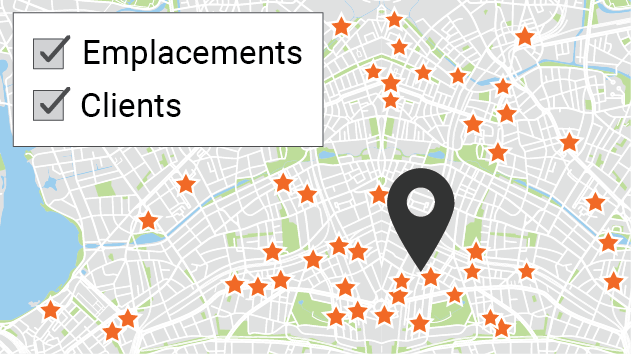 Carte de quartier avec « Emplacements » et « Clients » sélectionnés dans une liste de données démographiques