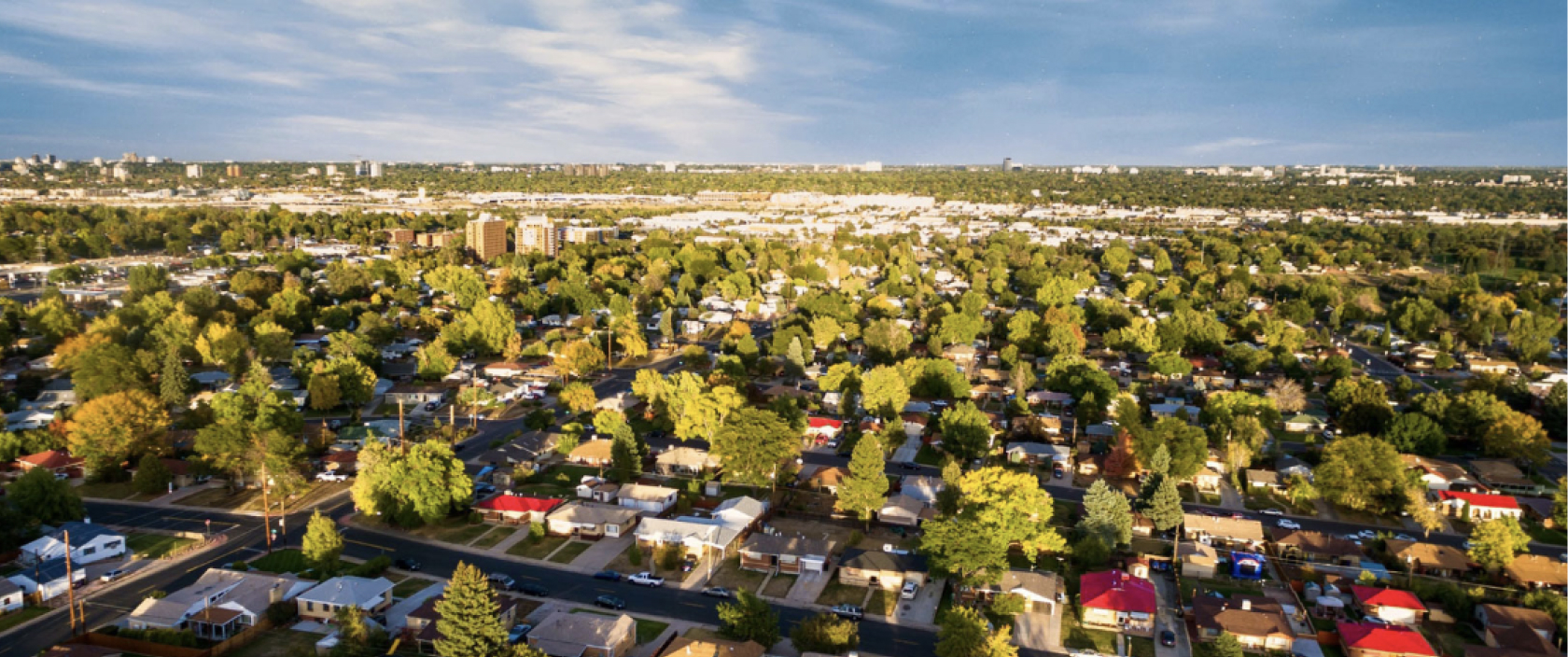 Aerial view of a sprawling neighbourhood with houses, yards and trees