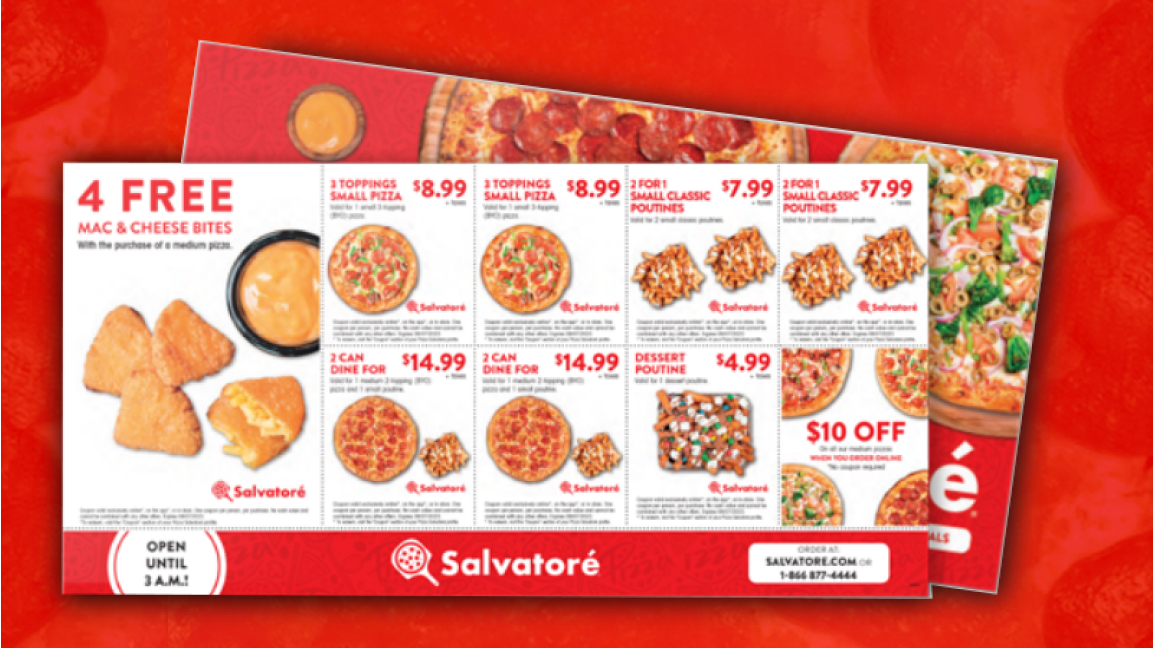 Dépliant postal de Pizza Salvatoré comprenant une série de coupons et d’offres promotionnelles