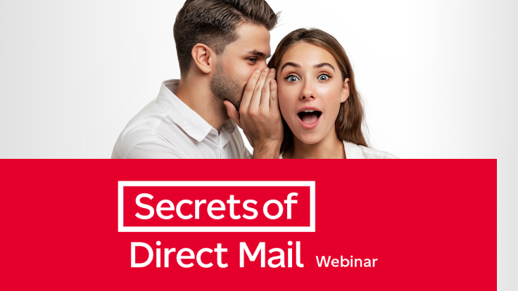 A man and a woman are pictured behind a banner reading, “Secrets of Direct Mail Webinar”.