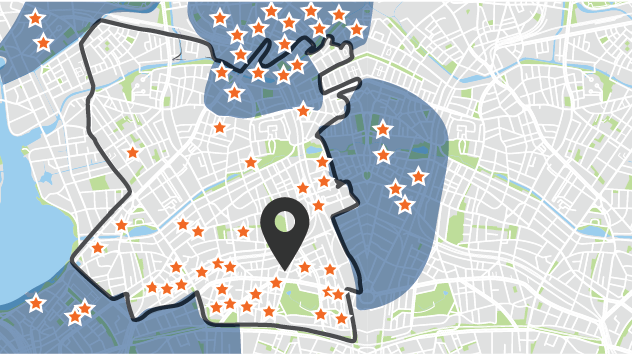 Graphique d’une carte de quartier avec plusieurs codes postaux mis en évidence