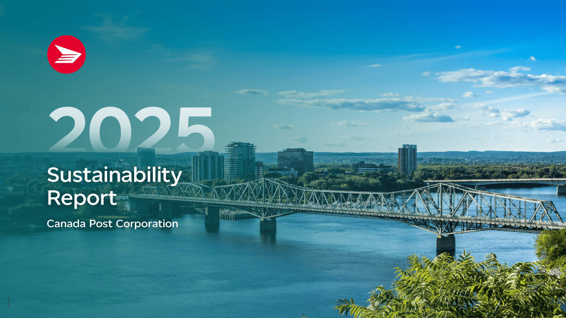 “2025 Sustainability Report Canada Post Corporation.” A tranquil Canadian lake near a mountain range.