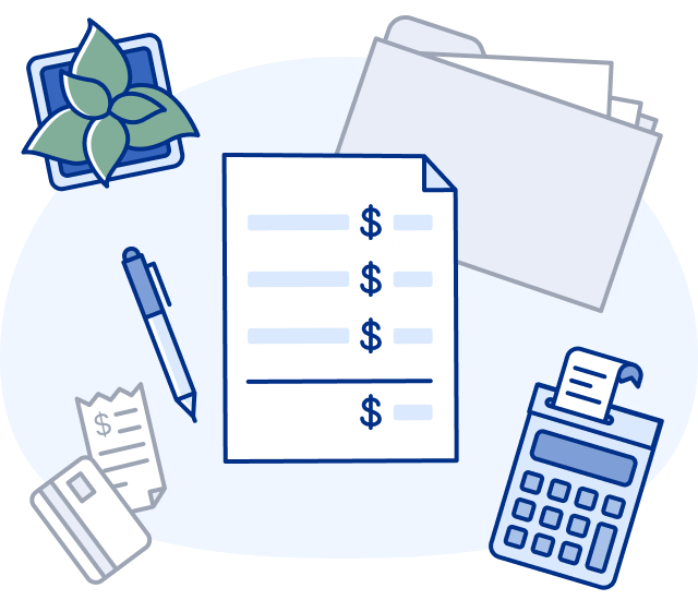 Illustration montrant une facture, des dossiers, un stylo, une calculatrice et une plante sur une table.