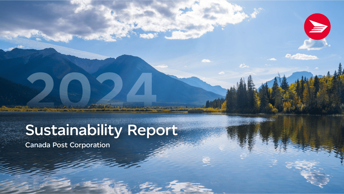 “2024 Sustainability Report Canada Post Corporation.” A tranquil Canadian lake near a mountain range.