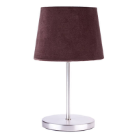 Table lamp with a dark fabric shade and silver metal base isolated on a light grey background.