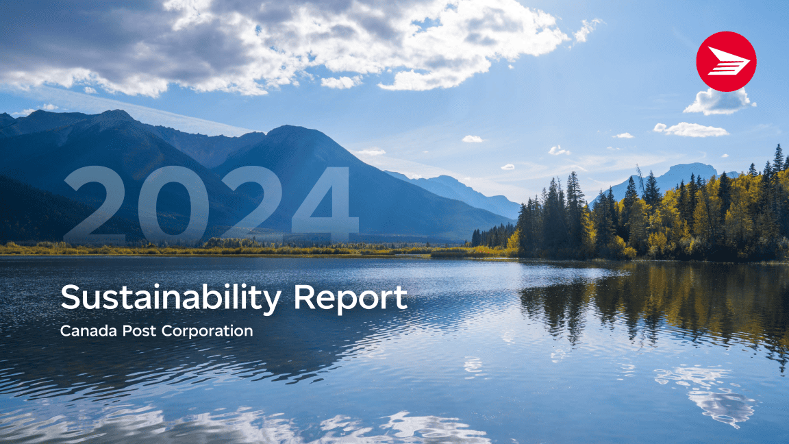 &ldquo;2024 Sustainability Report Canada Post Corporation.&rdquo; A tranquil Canadian lake near a mountain range.