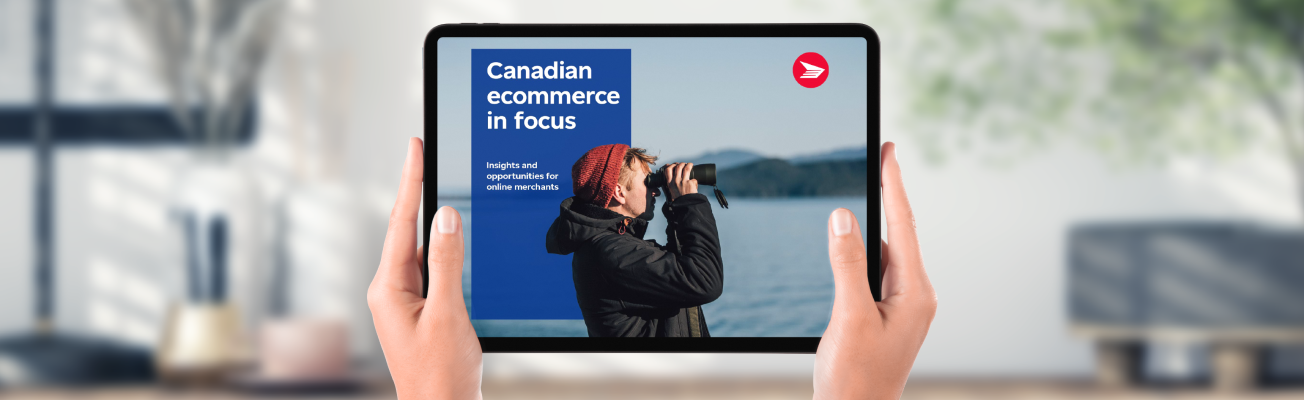A person holds a tablet computer that displays the cover of the report Canadian ecommerce in focus: Insights and opportunities for online merchants.