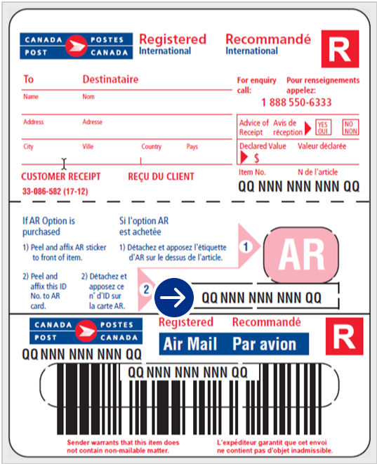 Exemple d’étiquette Courrier recommandé – International pour usage au comptoir avec une zone encerclée indiquant où se trouve le numéro de repérage.