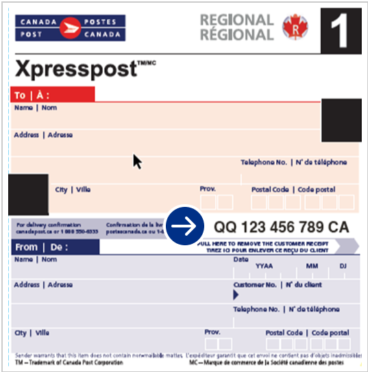 Exemple de reçu du client pour une enveloppe prépayée avec une flèche indiquant où se trouve le numéro de repérage.
