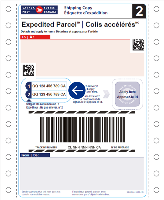 Exemple d’étiquette d’expédition Colis accélérés pour usage au comptoir avec une flèche indiquant où se trouvent les numéros de repérage.