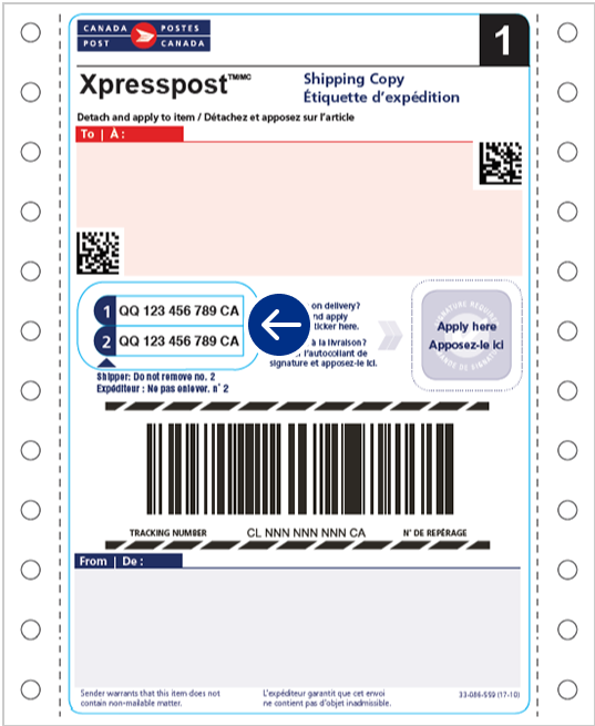 Exemple d’étiquette d’expédition Xpresspost pour usage au comptoir avec une flèche indiquant où se trouvent les numéros de repérage.
