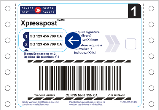 Exemple d’étiquette d’expédition commerciale Xpresspost sans adresse. Un cercle indique où se trouvent les numéros de repérage.