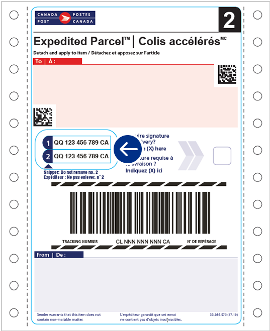 Exemple d’étiquette d’expédition commerciale Colis accélérés avec adresse. Un cercle indique où se trouvent les numéros de repérage.