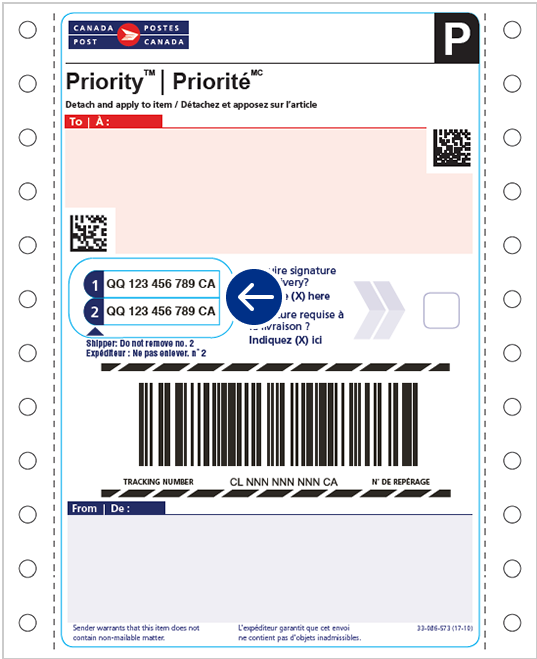 Exemple d’étiquette d’expédition commerciale Priorité avec adresse. Un cercle indique où se trouvent les numéros de repérage.