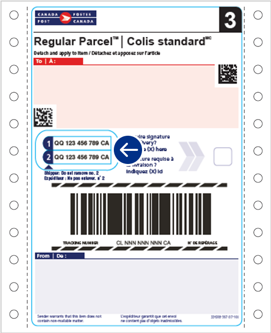 Exemple d’étiquette d’expédition commerciale Colis standard avec adresse. Un cercle indique où se trouvent les numéros de repérage.