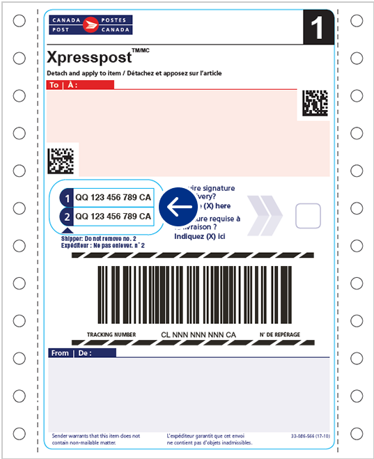 Exemple d’étiquette d’expédition commerciale Xpresspost avec adresse. Un cercle indique où se trouvent les numéros de repérage.