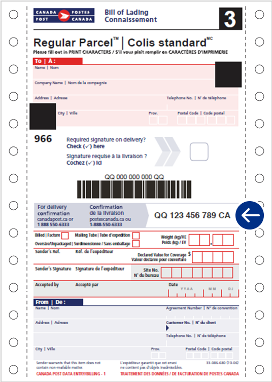 Exemple de connaissement – Colis standard.