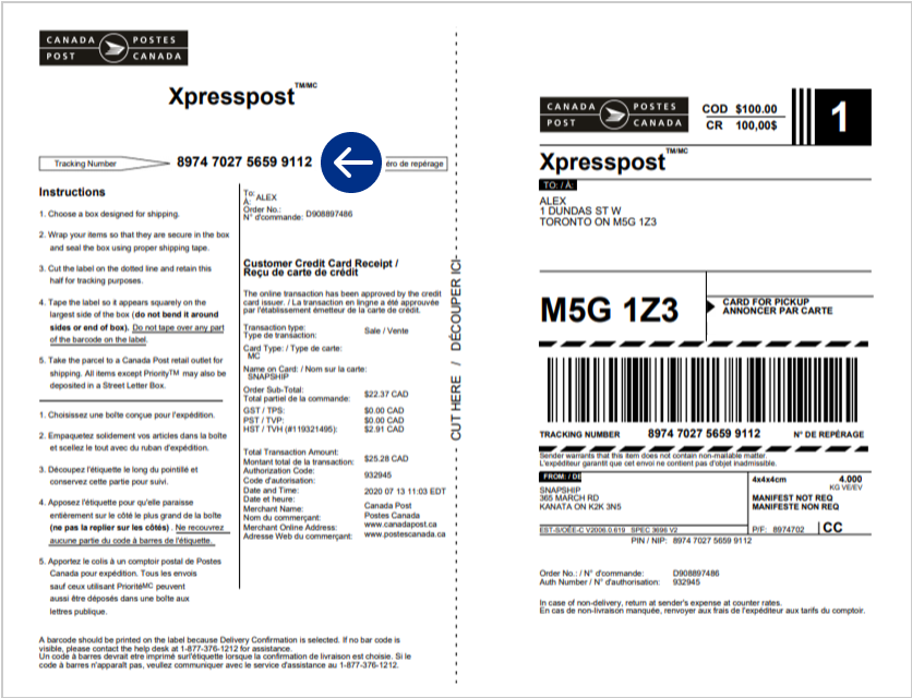 Exemple d’étiquette d’expédition pour envoi contre remboursement (CR) avec livraison commerciale.