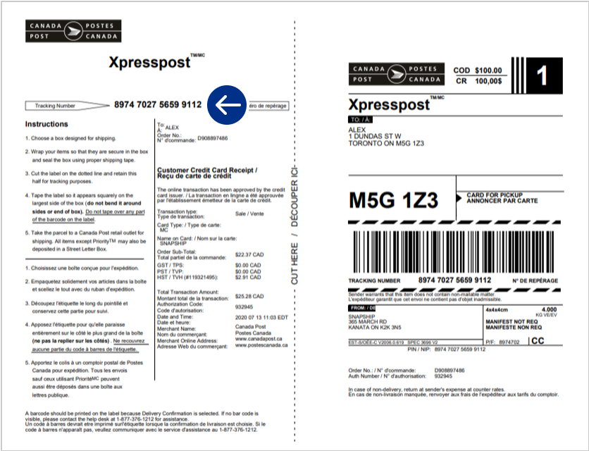 Exemple d’étiquette d’expédition en ligne avec une flèche indiquant où se trouve le numéro de repérage.