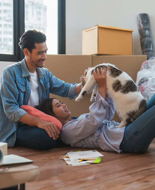 Un couple souriant joue avec un chat par terre. Il y a une pile de courrier à côté d’eux et des boîtes en carton empilées en arrière-plan.