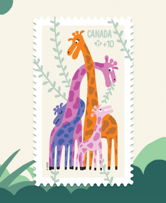 Le timbre 2025 de la Fondation communautaire présente une illustration de girafes qui prennent soin de leurs petits.