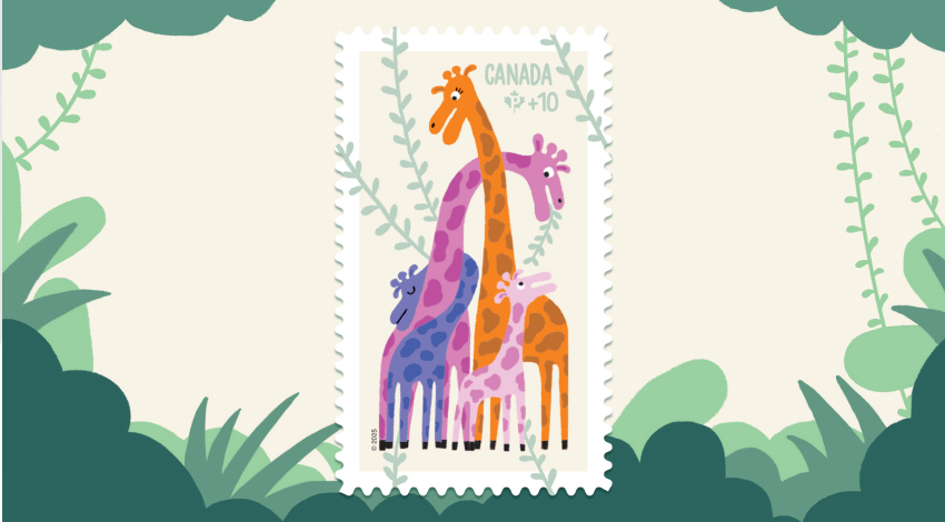 Le timbre 2025 de la Fondation communautaire présente une illustration de girafes qui prennent soin de leurs petits.
