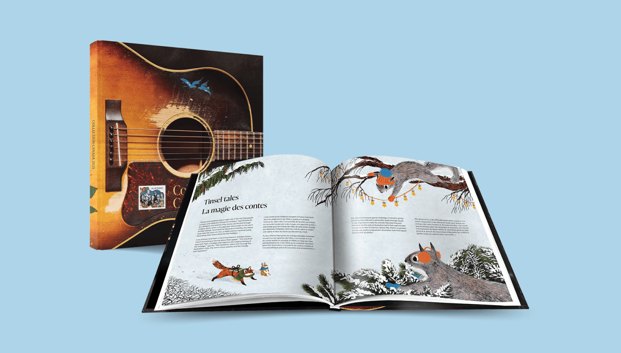 La couverture de l’album Collection Canada 2025 présente une image d’une guitare et le timbre consacré à Blue Rodeo. L’album est ouvert aux pages consacrées aux timbres La magie des contes.