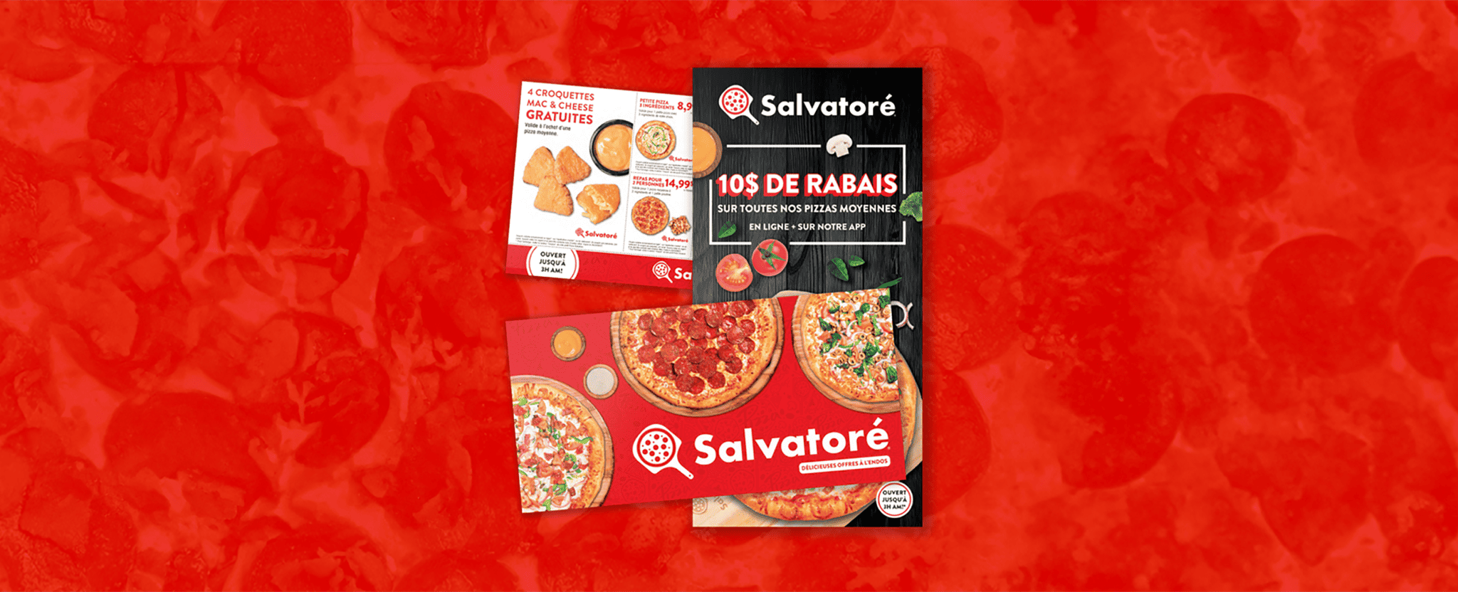 Un dépliant postal de Pizza Salvatoré comprenant une série de coupons et d’offres promotionnelles.