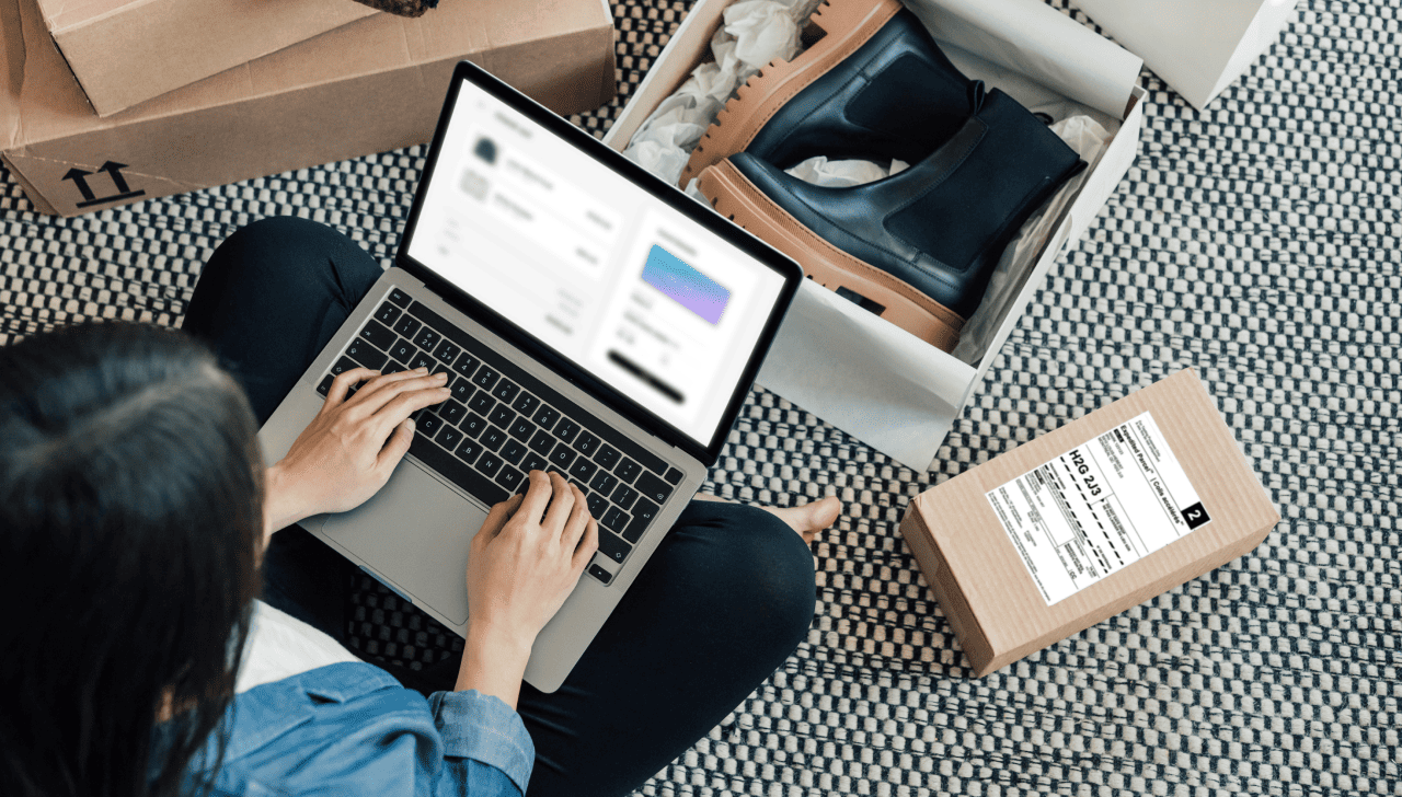 Une femme, assise par terre devant son portable, prépare le retour d’une paire de bottes achetées en ligne.
