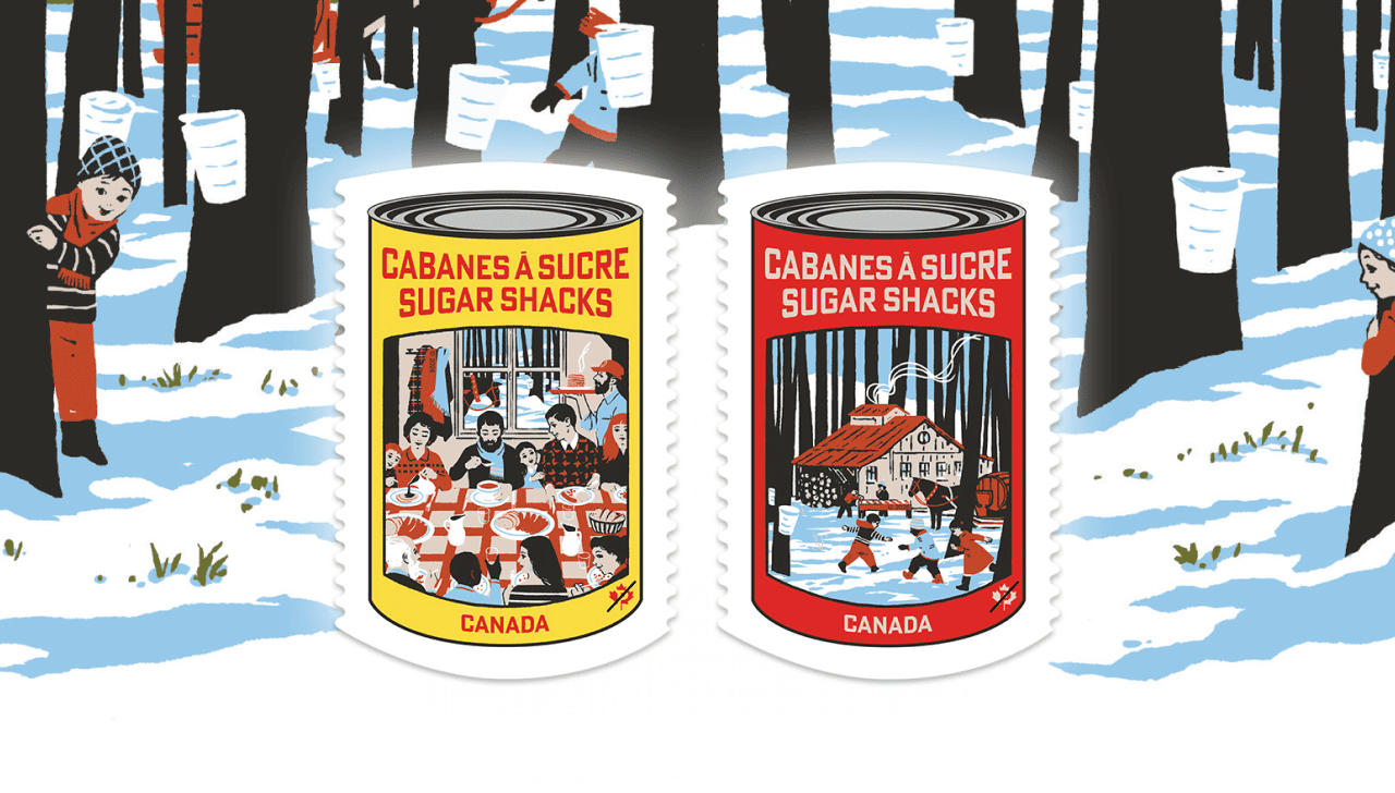 Trois timbres sur l’Aïd ornés de motifs géométriques et de feuilles d’érable stylisées représentant la diversité culturelle du Canada et la tradition islamique.