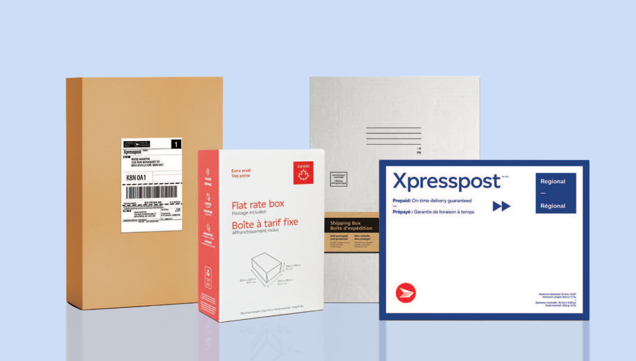 Produits d’emballage de Postes Canada, dont une boîte à tarif fixe, une enveloppe Xpresspost, une boîte d’expédition en carton et une enveloppe matelassée.