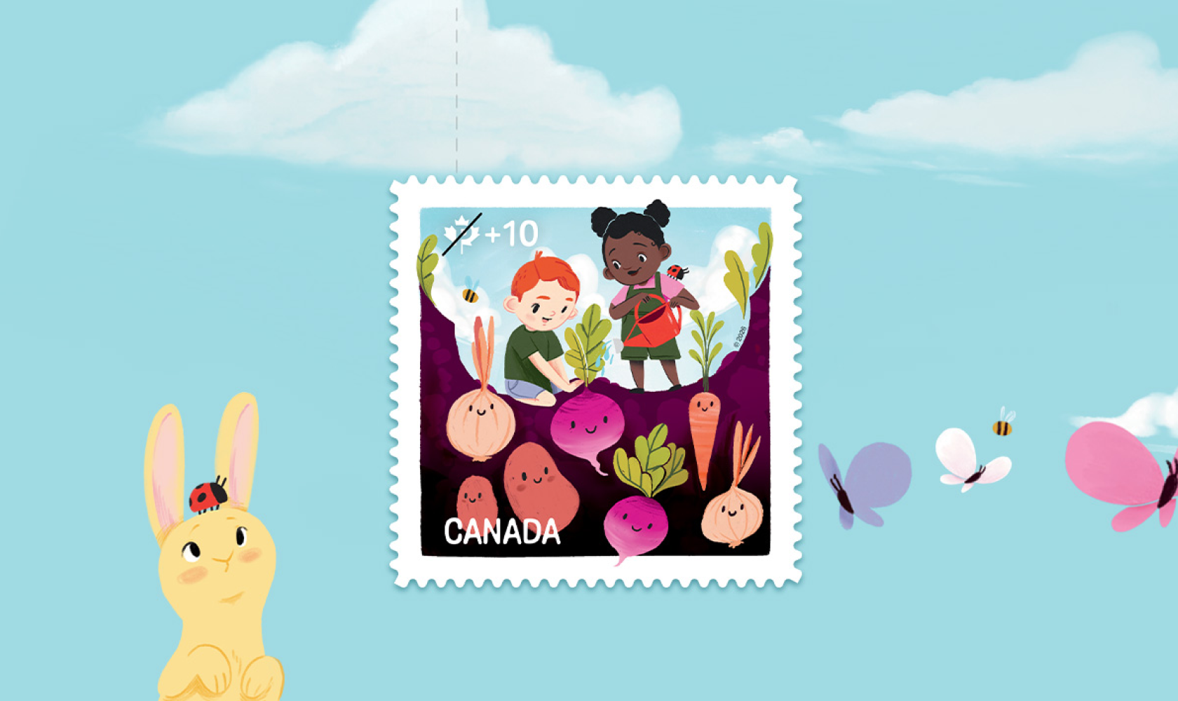Timbre philanthropique de la Fondation communautaire illustrant deux enfants souriants qui cultivent des légumes racines dans un jardin.