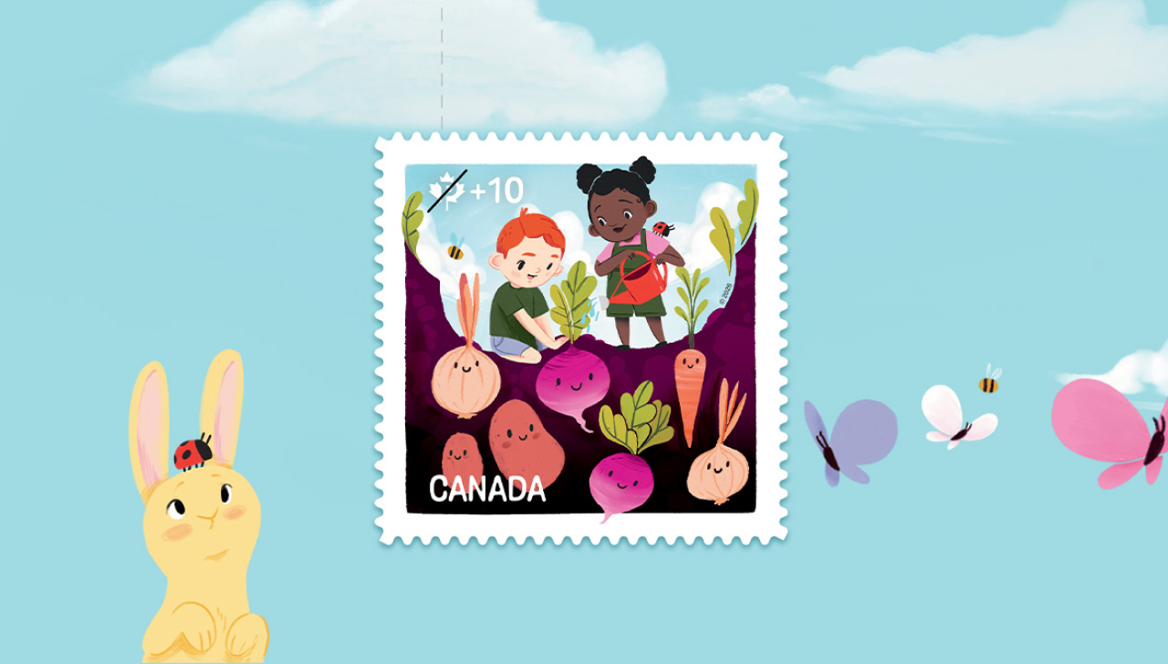 Timbre philanthropique de la Fondation communautaire illustrant deux enfants souriants qui cultivent des légumes racines dans un jardin.