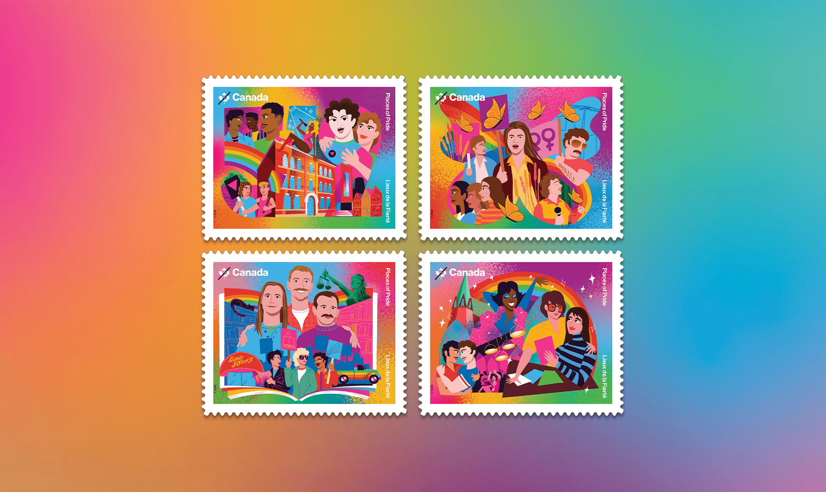 Les 4 timbres de l’émission Lieux de fierté mettant en vedette 4 endroits significatifs pour la communauté 2ELGBTQIA+ : points de rencontre, espaces sécuritaires, lieux de manifestation et de célébration.