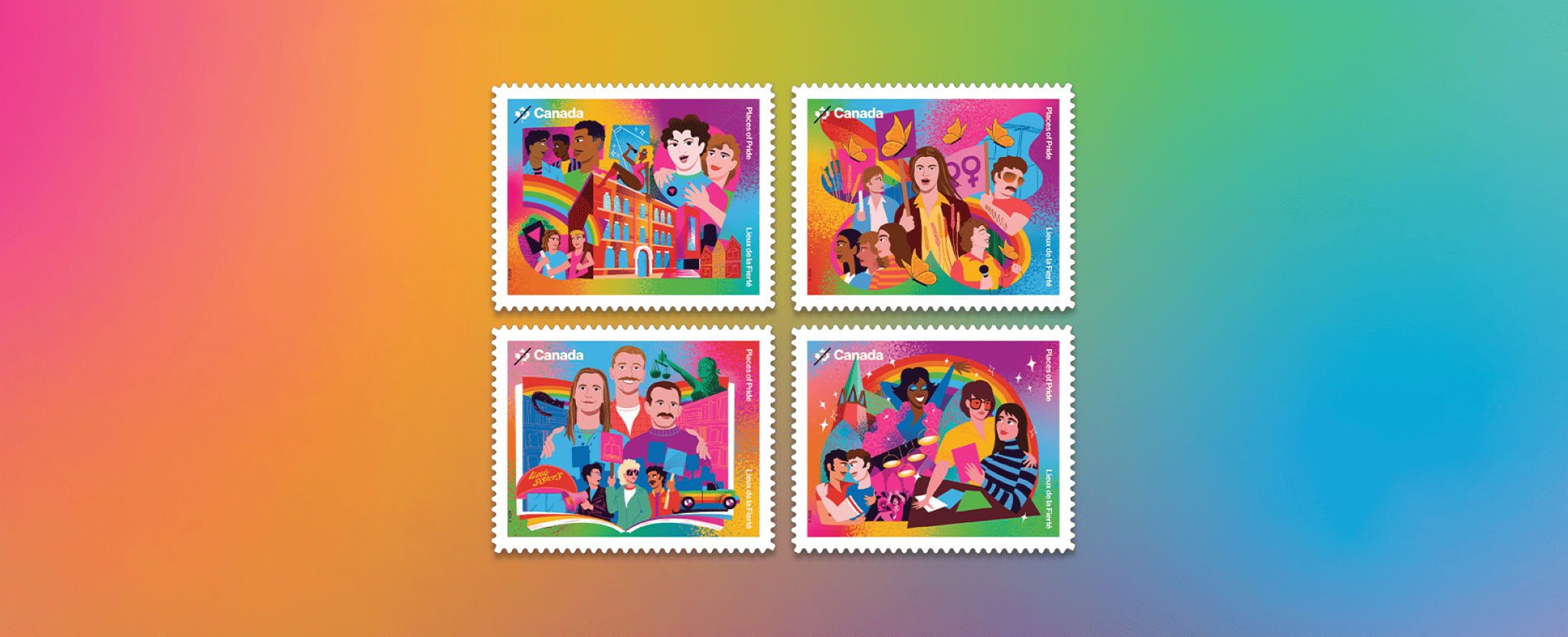 Les 4 timbres de l’émission Lieux de fierté mettant en vedette 4 endroits significatifs pour la communauté 2ELGBTQIA+ : points de rencontre, espaces sécuritaires, lieux de manifestation et de célébration.