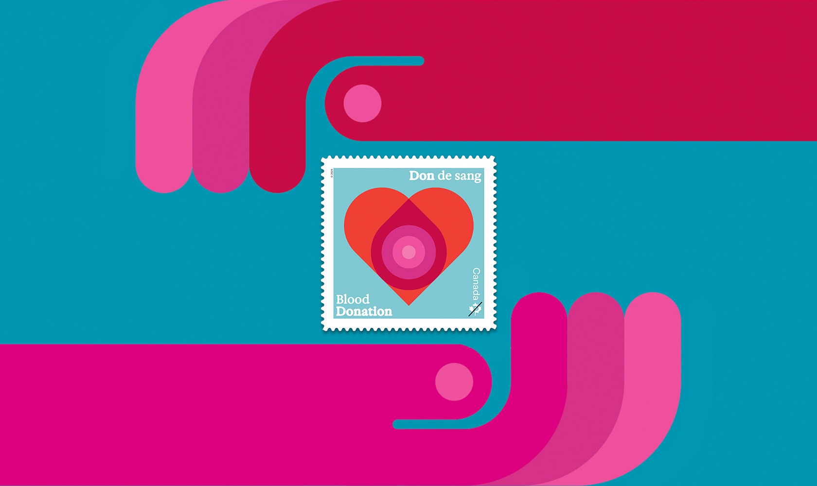 Illustration de deux mains courbées sur un fond bleu encadrant un timbre-poste avec un cœur rouge et le texte « Don de sang / Blood Donation ».