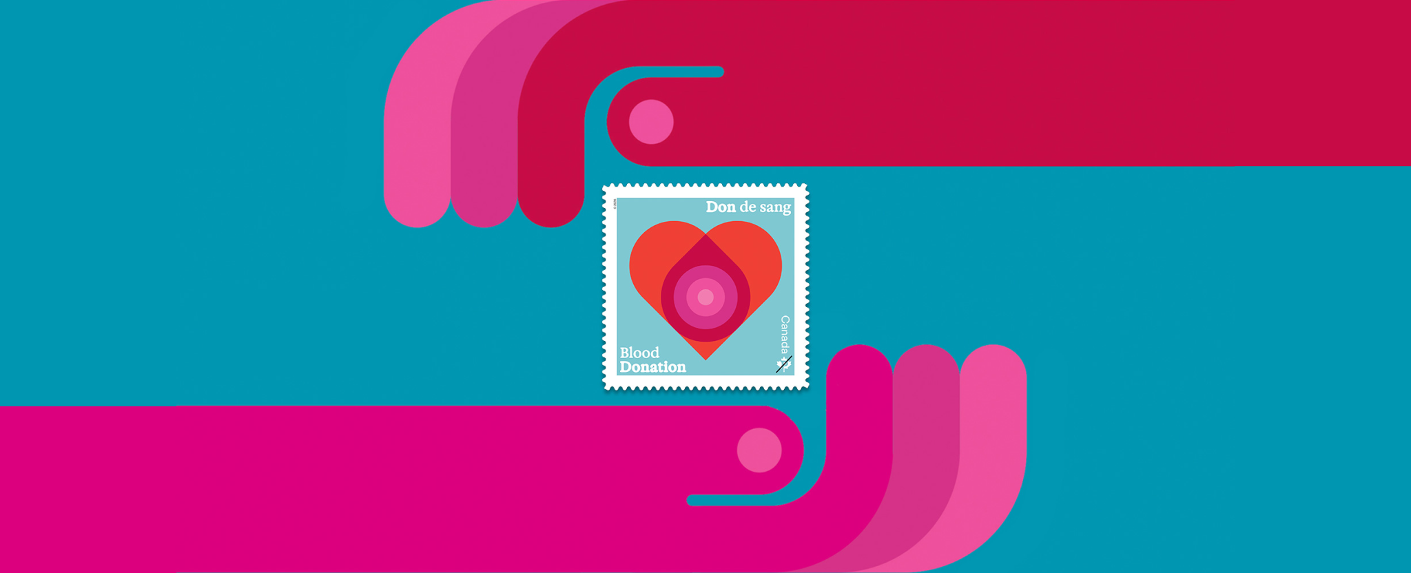 Illustration de deux mains courbées sur un fond bleu encadrant un timbre-poste avec un cœur rouge et le texte « Don de sang / Blood Donation ».